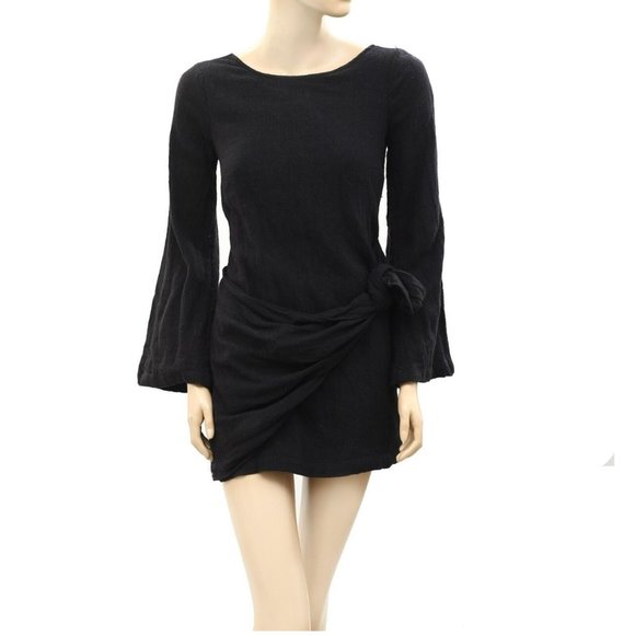 NWT Free People Simona Black Long Sleeve Mini Dress Lace Up Buttoned Low Cut - Picture 6 of 7